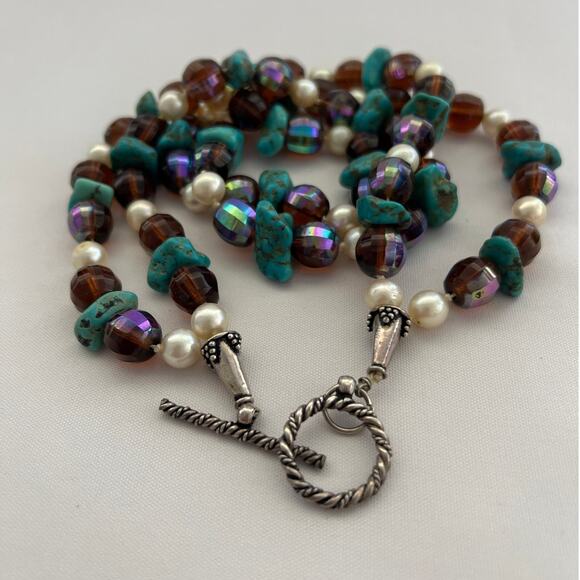 Turquoise and Faux Pearl Multi-Strand Necklace Crafted Vintage-Inspired Layered - Picture 4 of 5